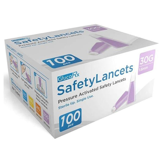 GlucoRX Safety Lancets 30G 1.6mm 100 Pack (Case of 6)