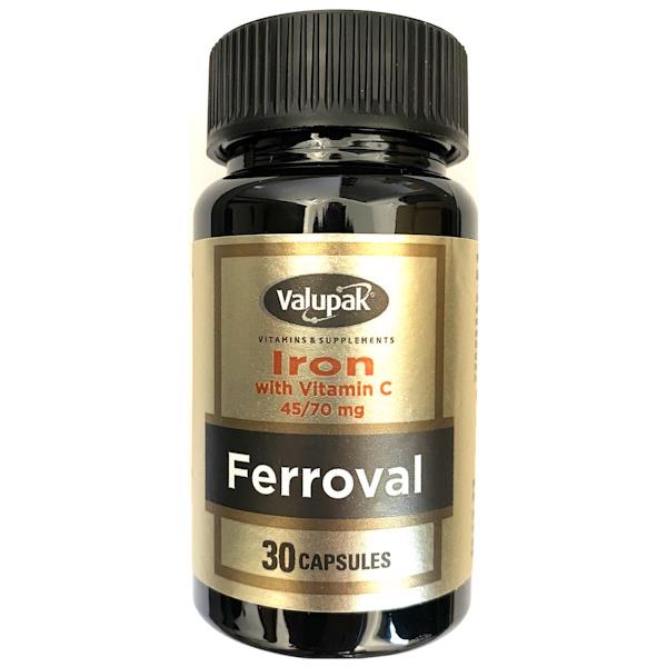 Valupak Ferroval Iron 45mg with Vitamin C 70mg 30 Capsules
