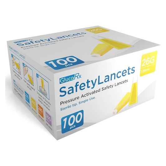 GlucoRX Safety Lancets 26G 1.8mm 100 Pack