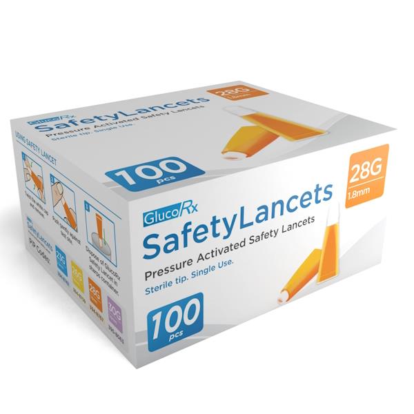 GlucoRX Safety Lancets 28G 1.8mm 100 Pack